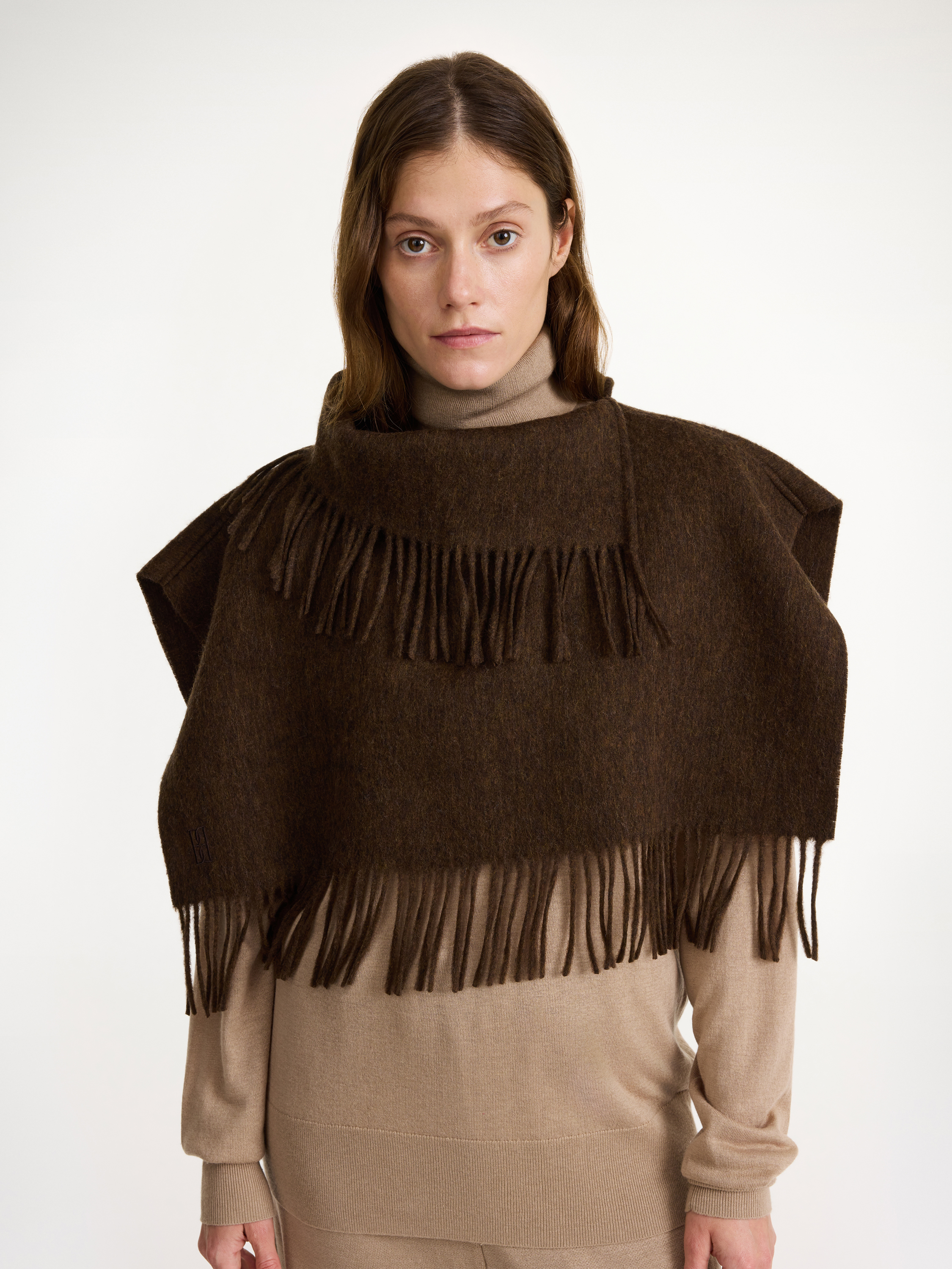 Shop By Malene Birger Turtla Wool Fringe Bib In Shitake