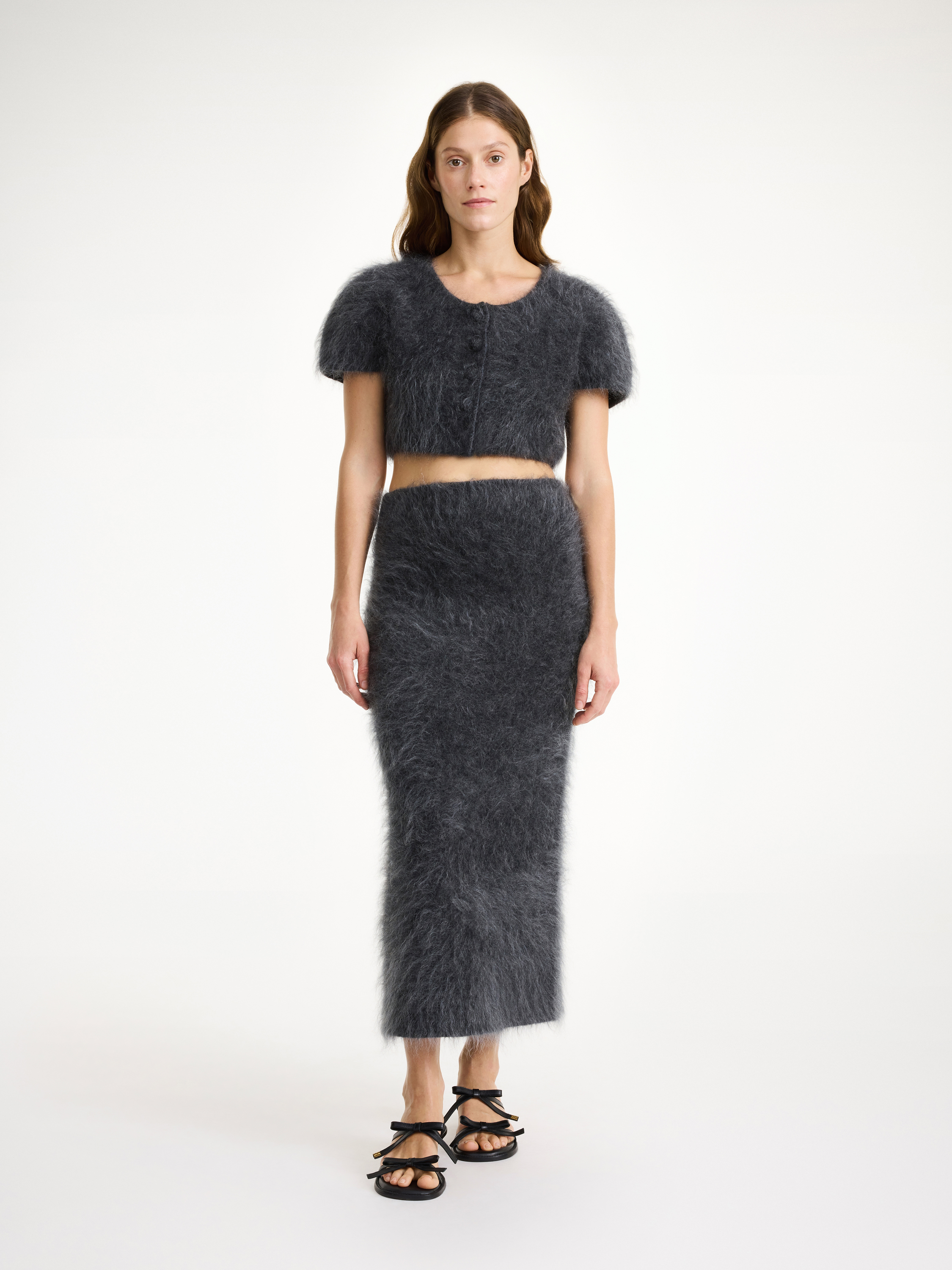 By Malene Birger Estille Brushed Mohair-blend Midi Skirt In Jet Grey